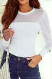 Pearl Decor Mesh Patchwork Ribbed Long Sleeve Top