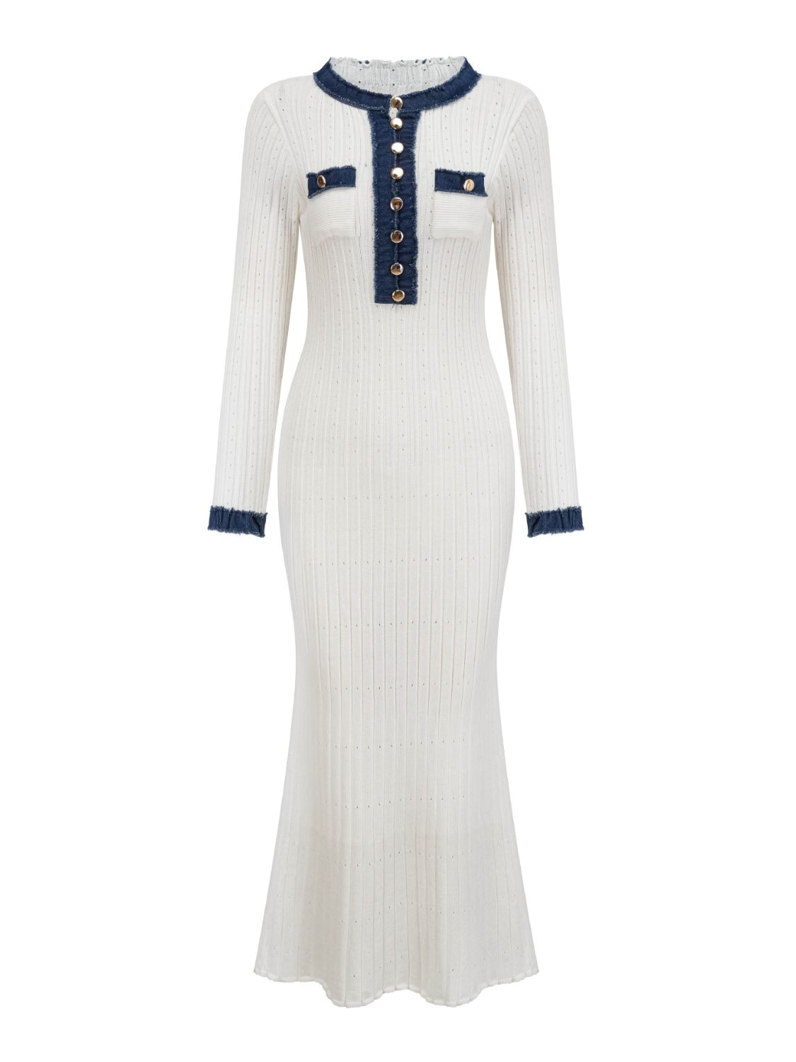 Contrast Trim Round Neck Long Sleeve Sweater Dress - felvior