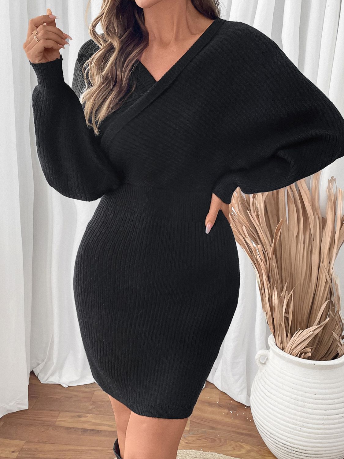 Perfee Surplice Long Sleeve Sweater Dress - felvior