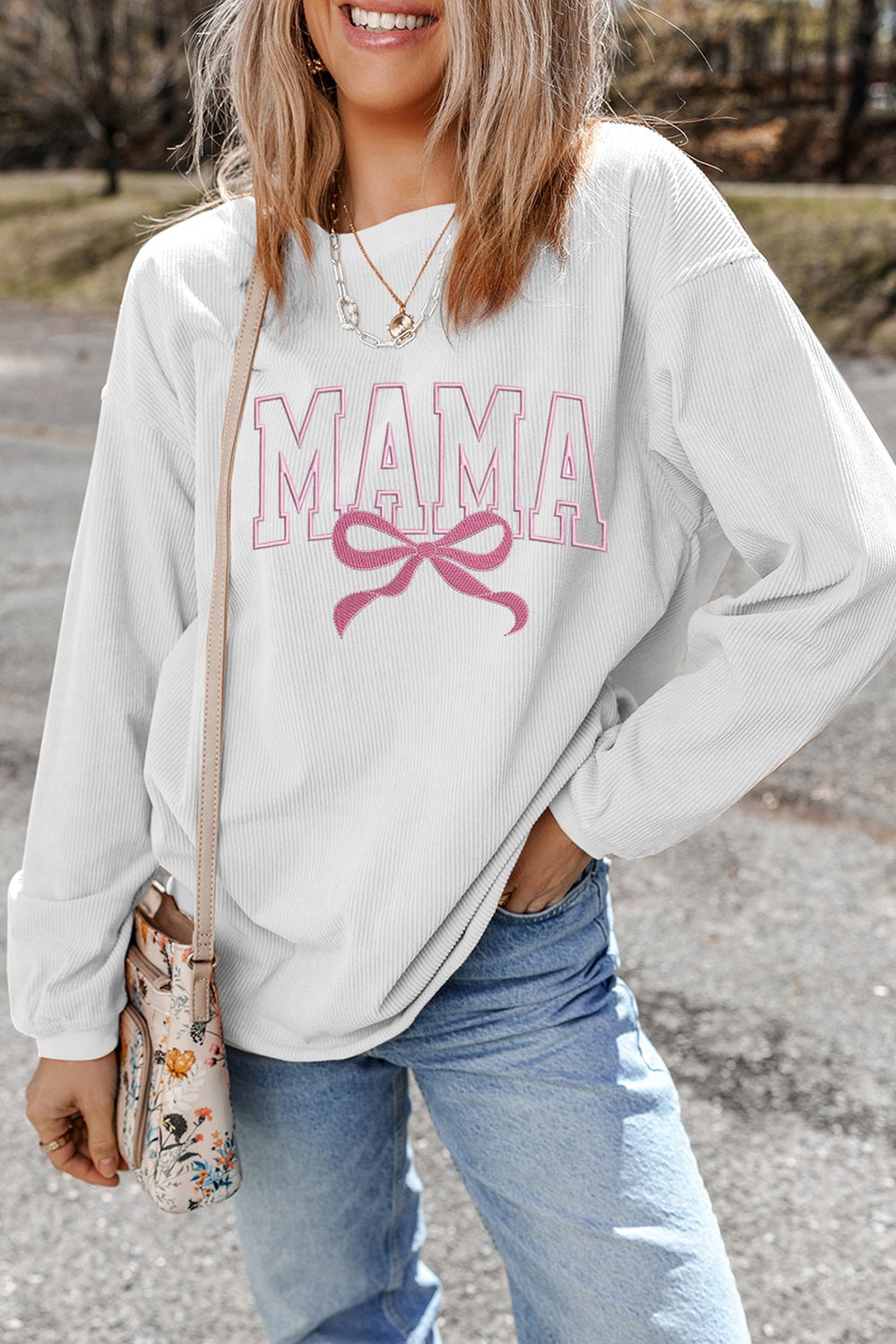 MAMA Bow Round Neck Long Sleeve Sweatshirt