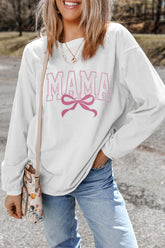 MAMA Bow Round Neck Long Sleeve Sweatshirt