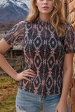 Aztec Print Mock Neck Short Sleeve Mesh T Shirt