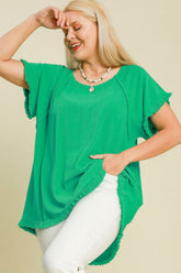 Umgee Full Size Seam Detail Linen Ruffle Fringe Edge Top Plus Size