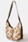 Fame Cow Print Hobo Shoulder Bag with Studded Details