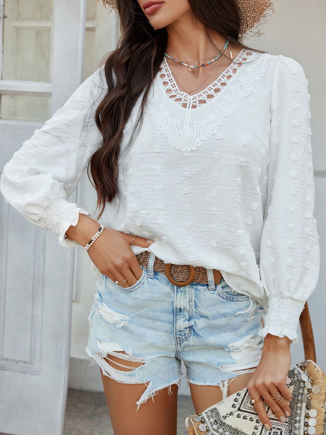 Devine Swiss Dot Lace Detail V-Neck Long Sleeve Blouse - felvior