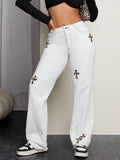 Leopard Cross Detail Straight Leg Jeans