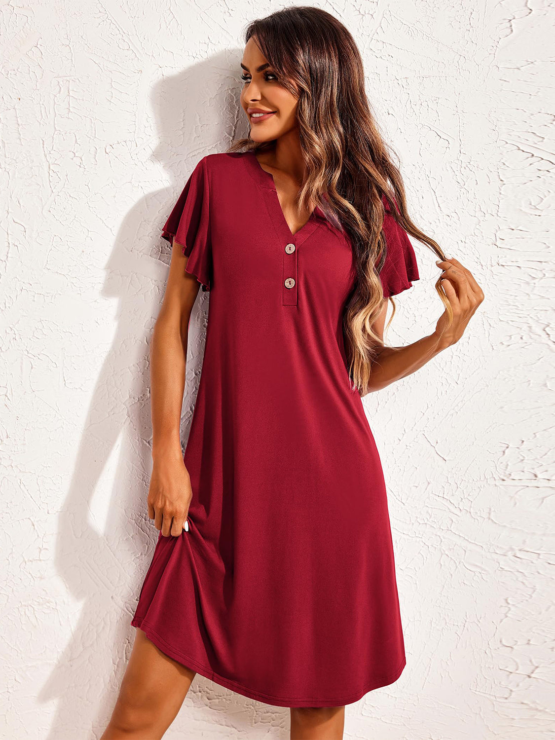 Notched Short Sleeve Lounge Dress - felvior