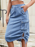 Drawstring Denim Skirt with Cargo Pockets