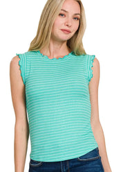 Zenana Ribbed Ruffle Trim Sleeveless Stripe Top