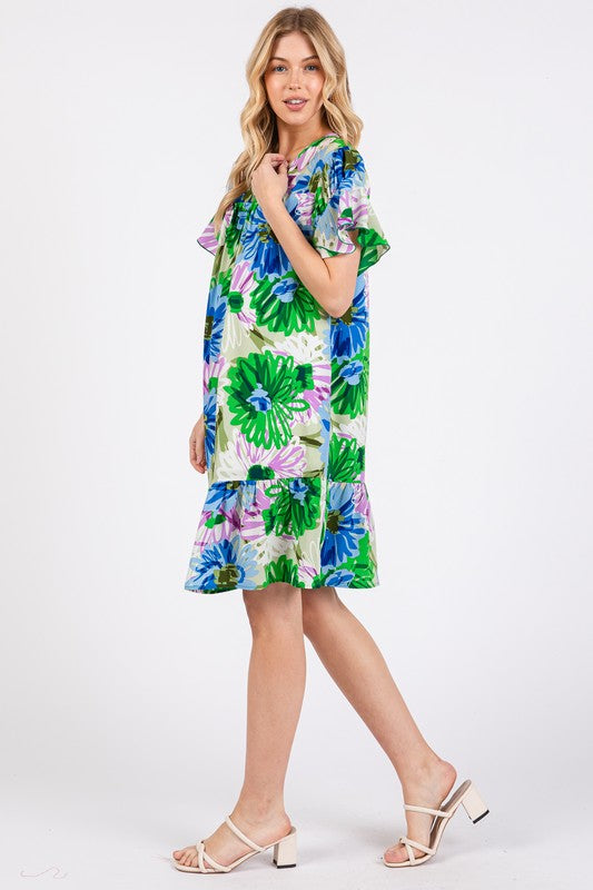 Ces Femme Floral Ruffled Short Sleeve Dress - felvior