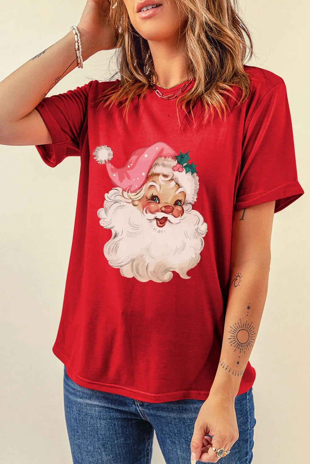 Santa Round Neck Short Sleeve T-Shirt - felvior