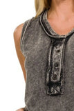 Zenana Washed Half-Button Raw Edge Sleeveless Henley Top