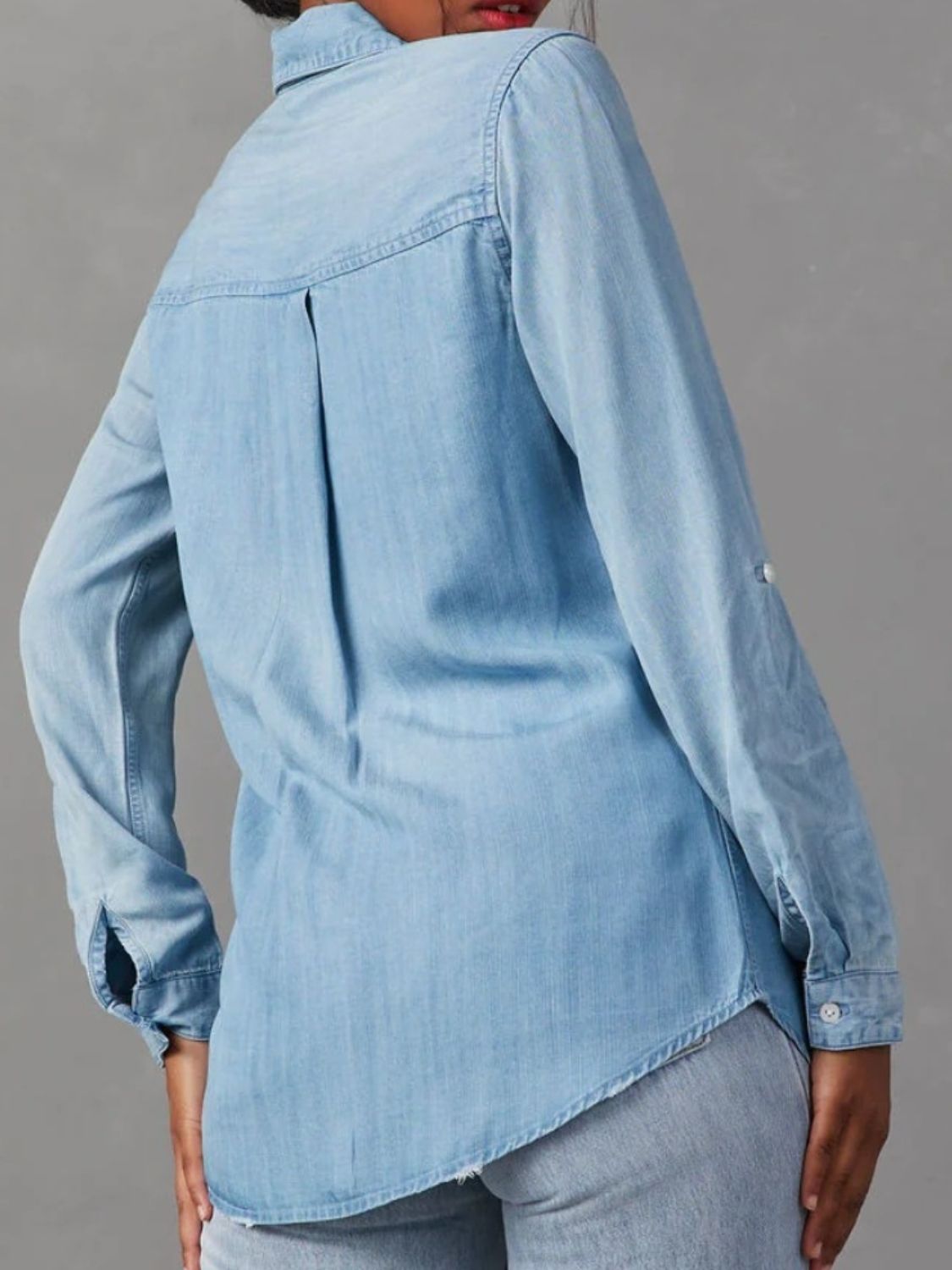 Collared Neck Roll-Tab Sleeve Denim Top - felvior