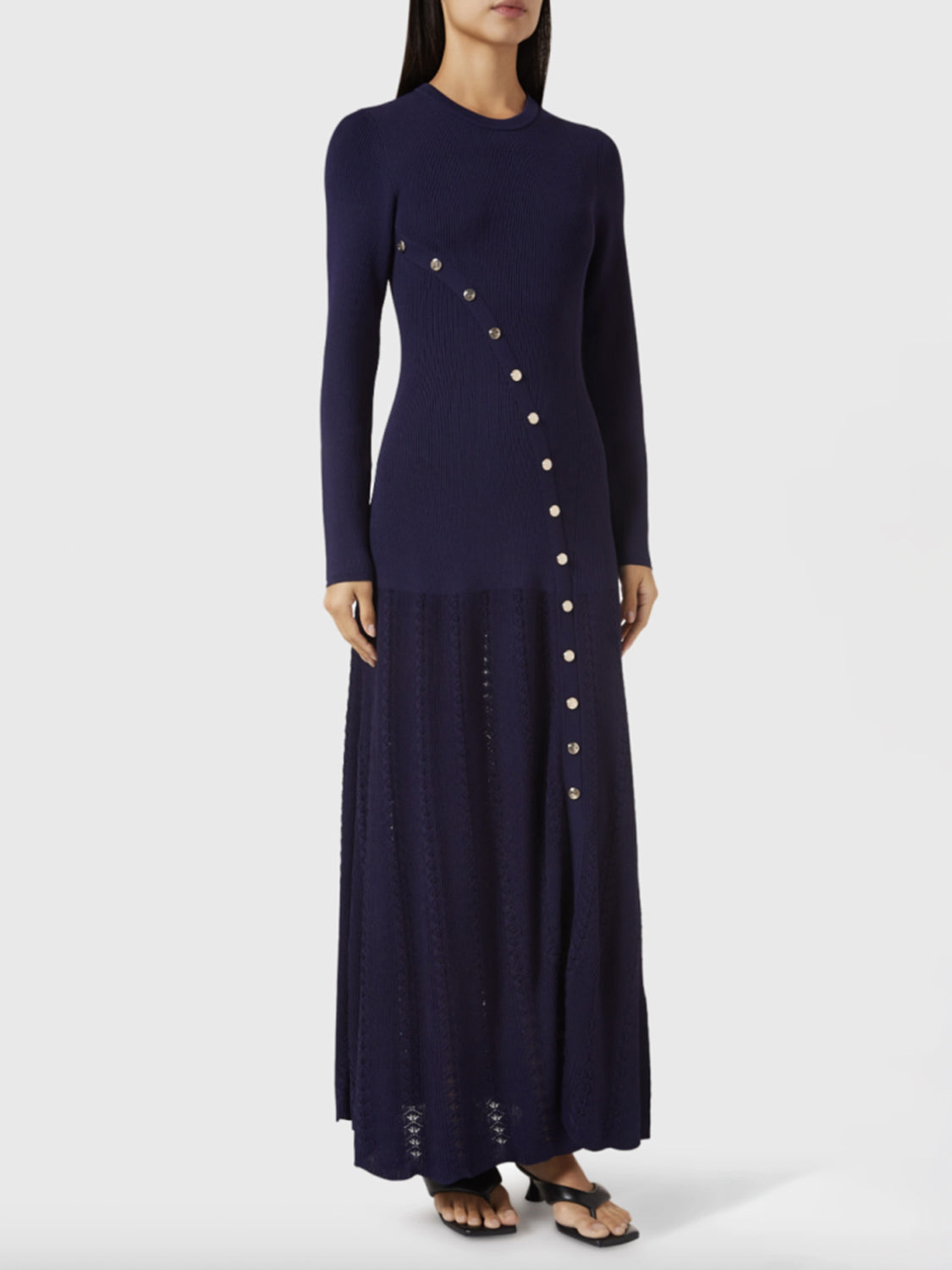 Openwork Round Neck Long Sleeve Sweater Dress - felvior