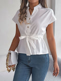 Notched Short Sleeve Blouse