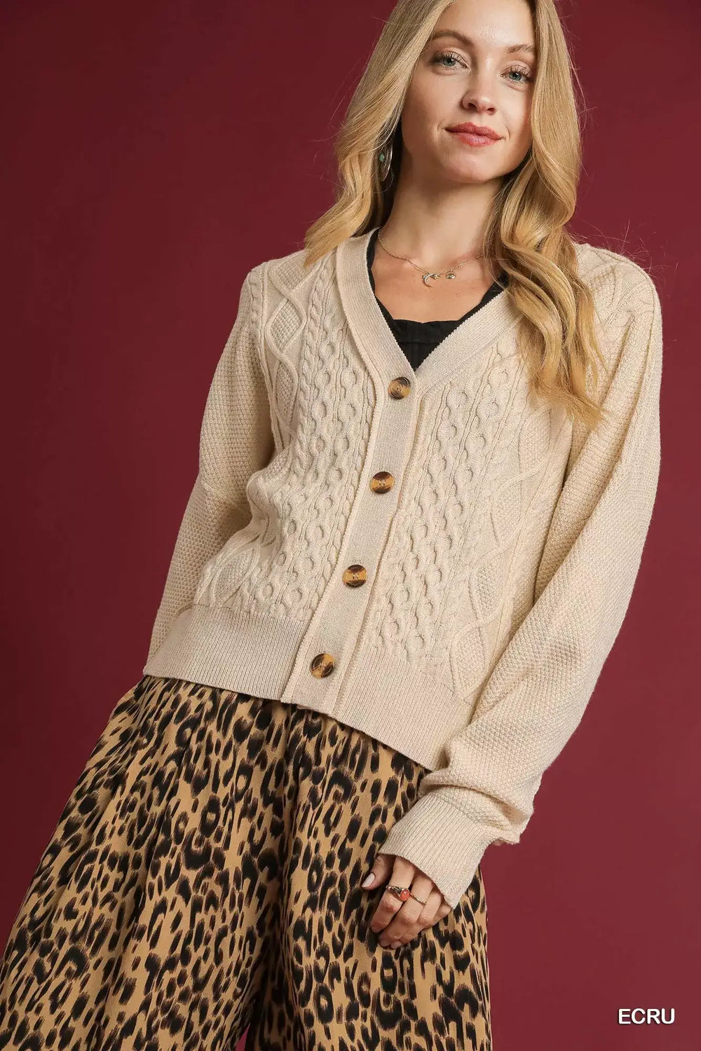 Umgee Chunky Cable Knit V-Neck Button-Up Cardigan