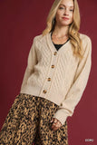 Umgee Chunky Cable Knit V-Neck Button-Up Cardigan