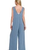 Zenana French Terry Deep V Neck Jumpsuits