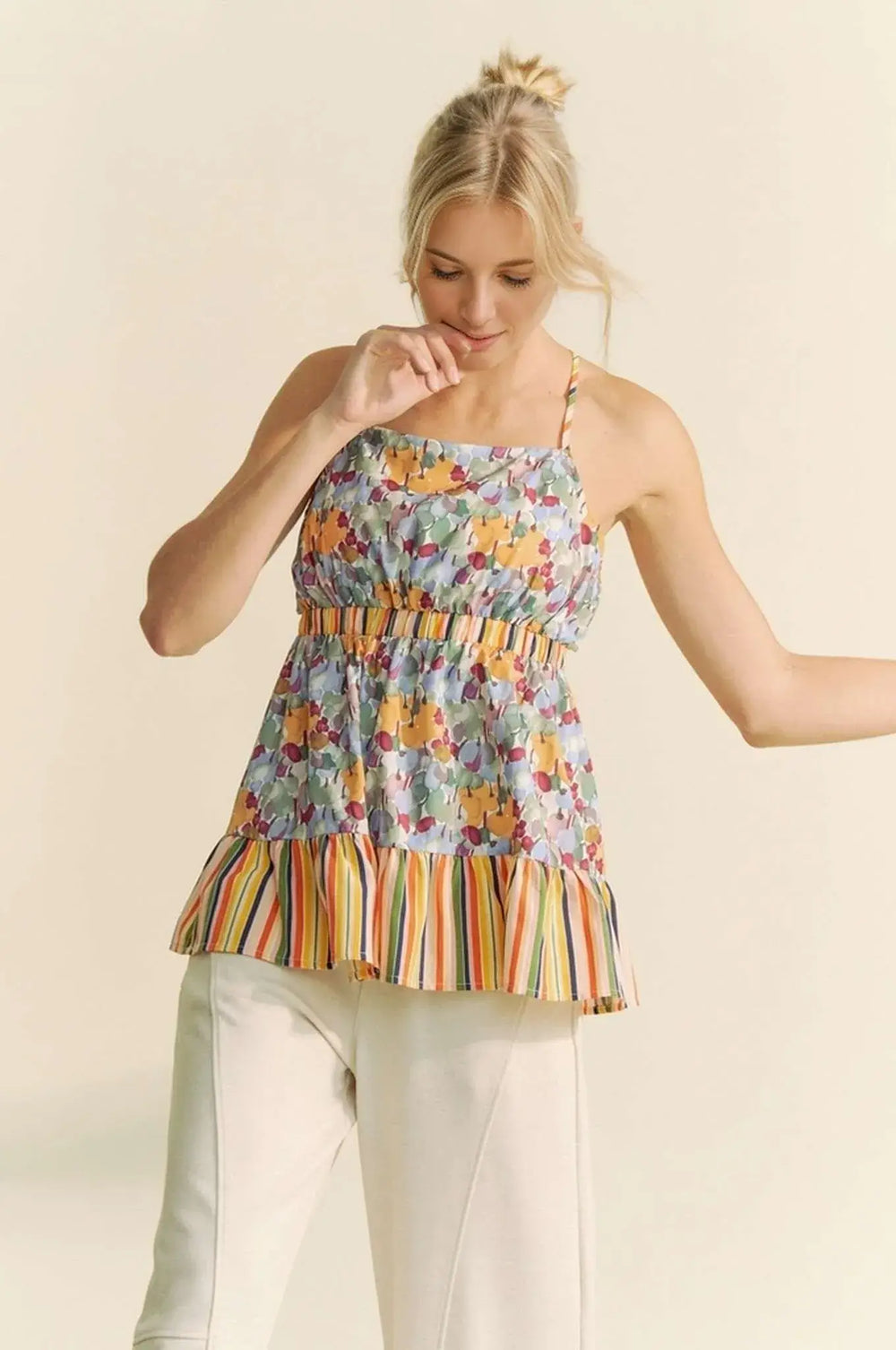Davi & Dani Floral Smocked Sleeveless Ruffle Back Tie Top