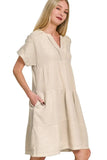 Zenana Washed Double Gauze Raw Edge V-neck Dress