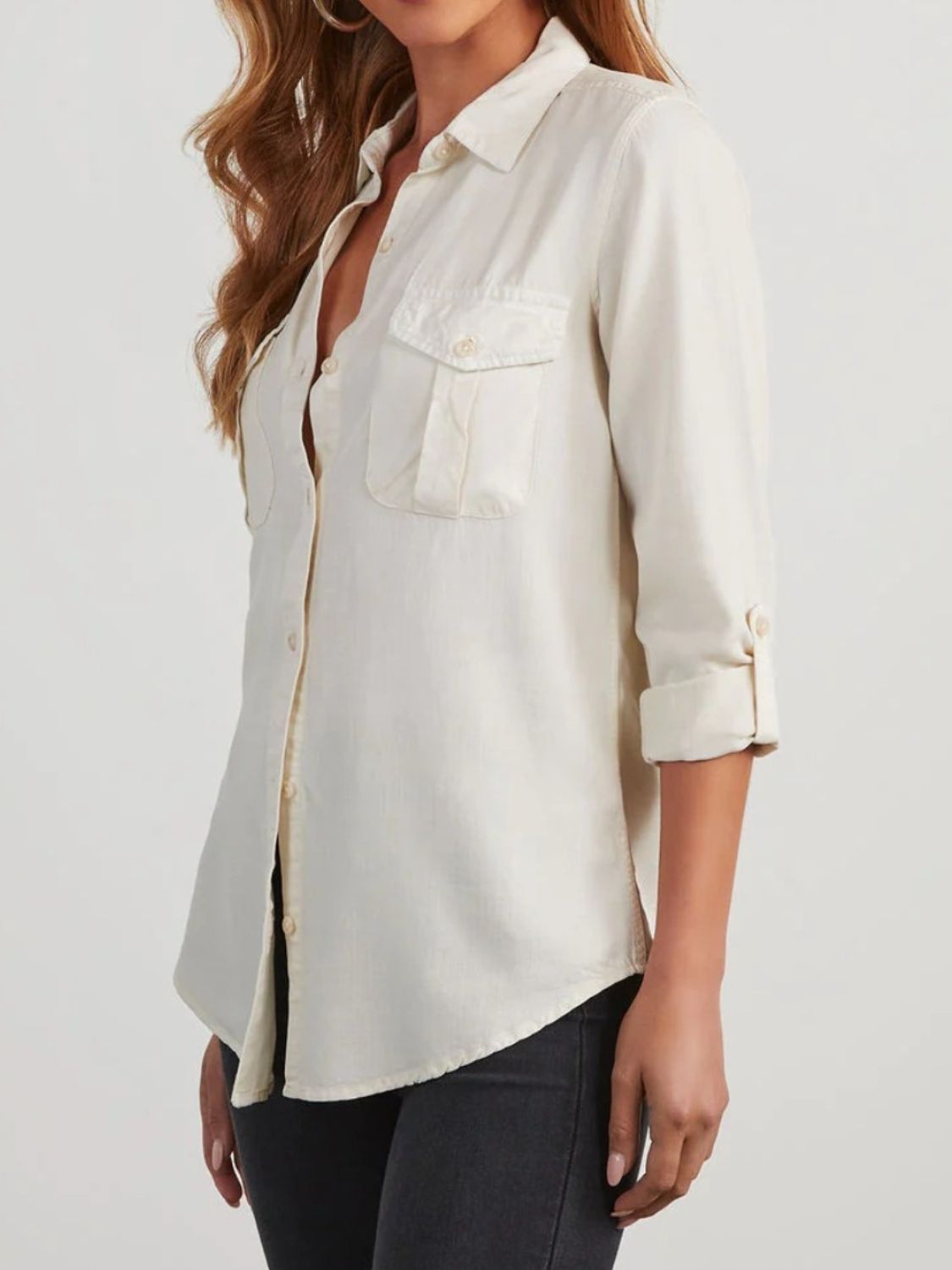 Collared Neck Roll-Tab Sleeve Denim Top - felvior