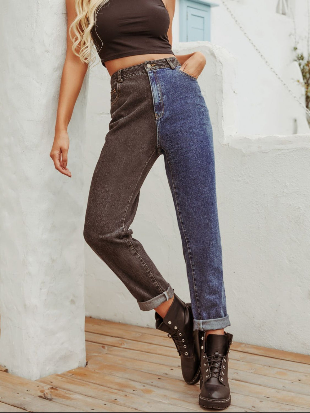 Two Tone Straight Leg Jeans