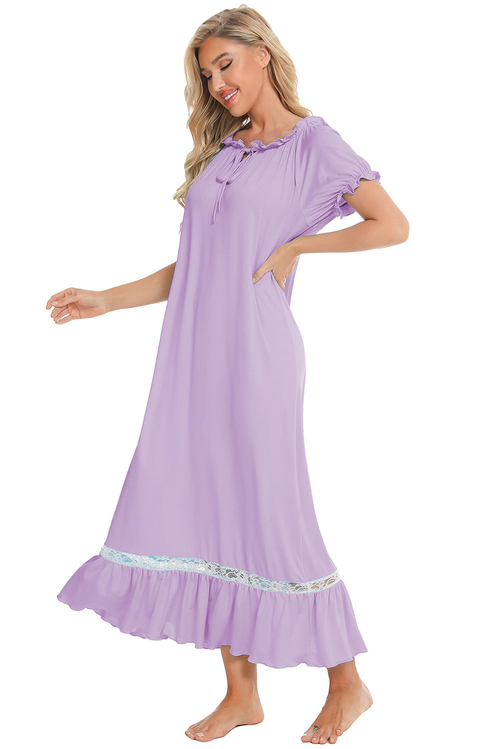 Lace Detail Short Sleeve Lounge Dress - felvior