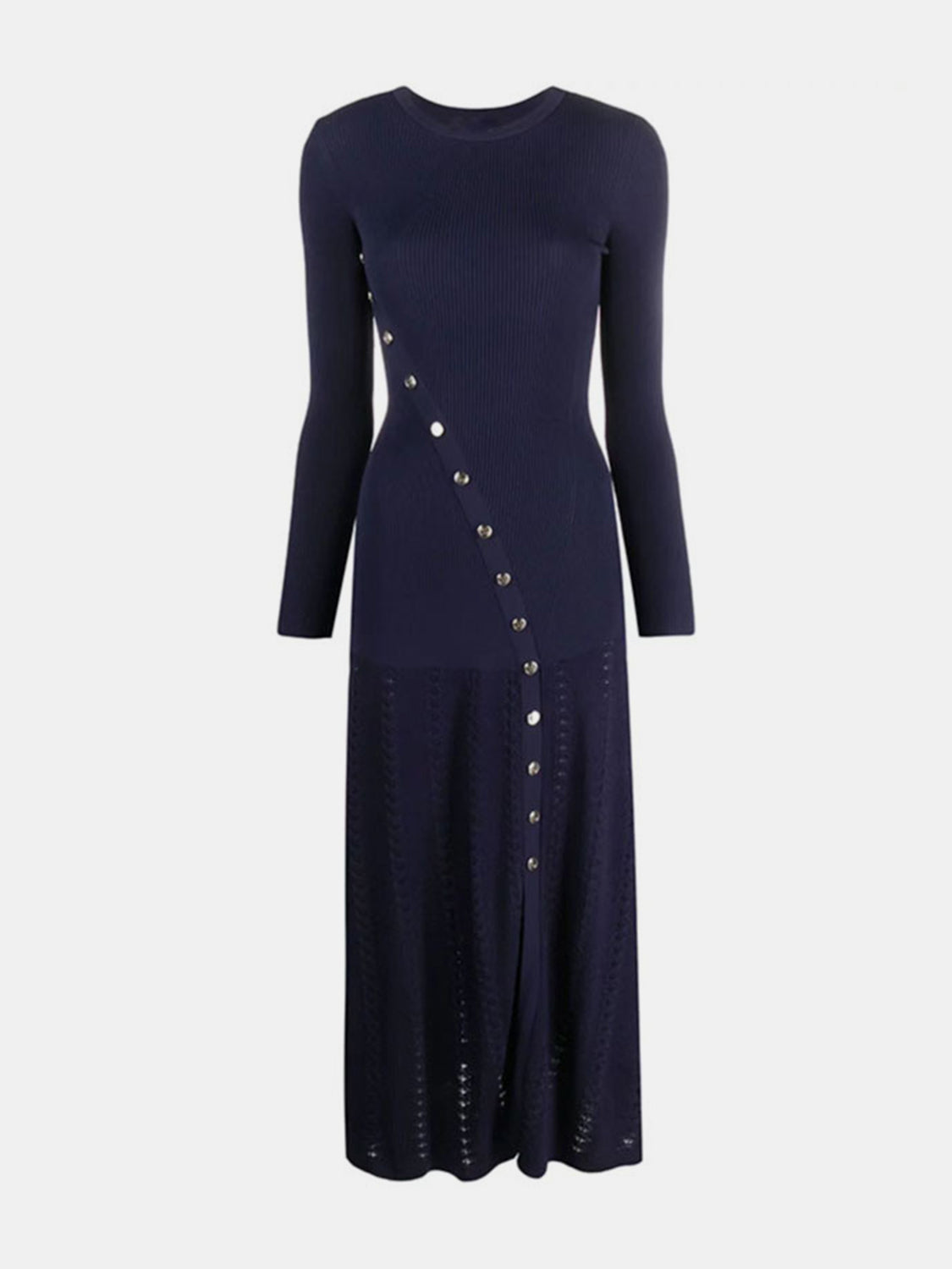 Openwork Round Neck Long Sleeve Sweater Dress - felvior