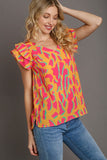 Umgee Full Size Abstract Print V-Neck Double Layer Ruffle Sleeve Blouse Plus Size