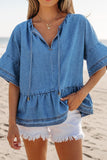 Tie Neck Ruffled Half Sleeve Denim Top