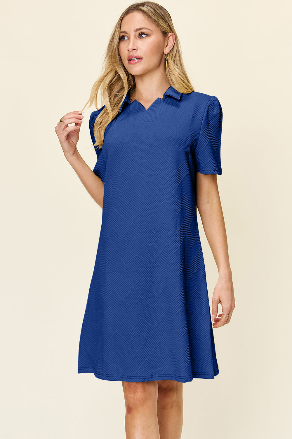 Double Take Full Size Texture Collared Neck Short Sleeve Dress - felvior