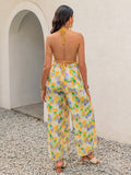 Openwork Halter Neck Floral Wide Leg Jumpsuit