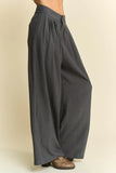 Davi & Dani Solid Back Pocket Shirring Detail Wide Leg Pants