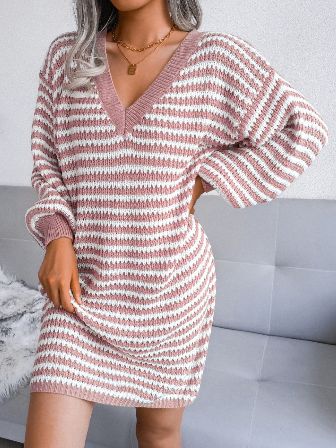 Striped V-Neck Long Sleeve Mini Sweater Dress - felvior