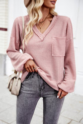 Devine Waffle-Knit V-Neck Long Sleeve Top