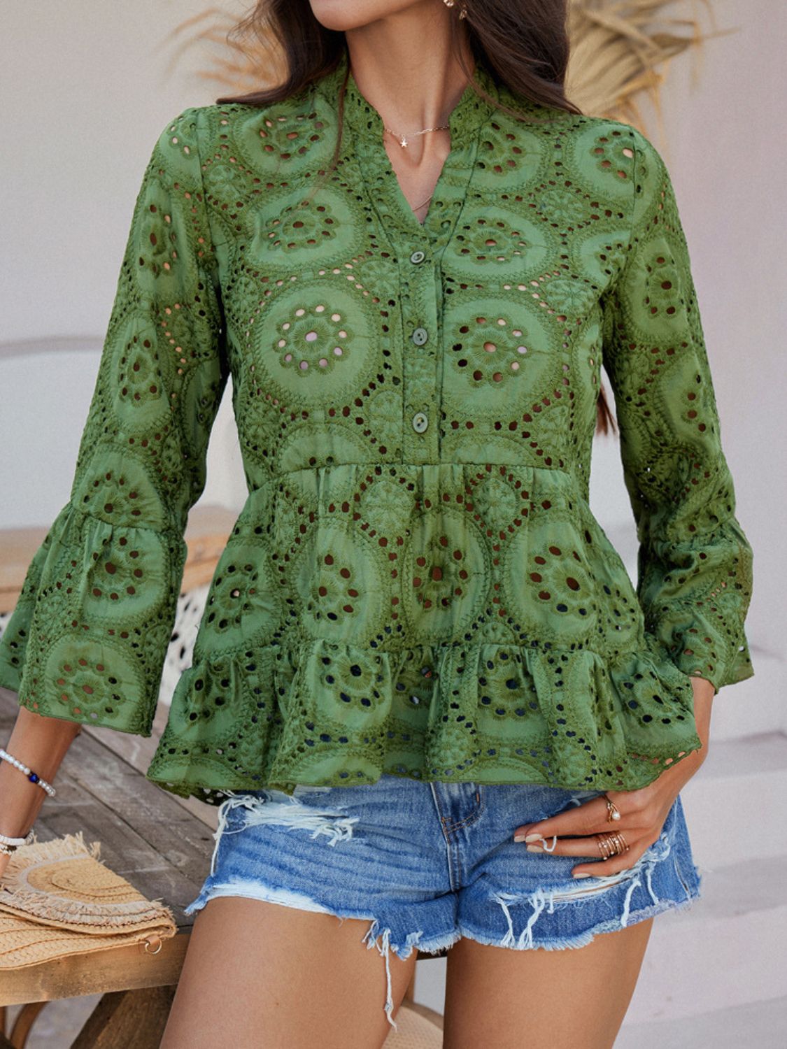 Devine Half Button Flounce Sleeve Peplum Blouse - felvior