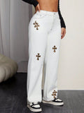 Leopard Cross Detail Straight Leg Jeans