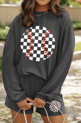 Corded Checkerboard Baseball Graphic Long Sleeve Top and Shorts Set