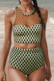 Dotted Mesh Plaid Patchwork High Waisted Swim Set