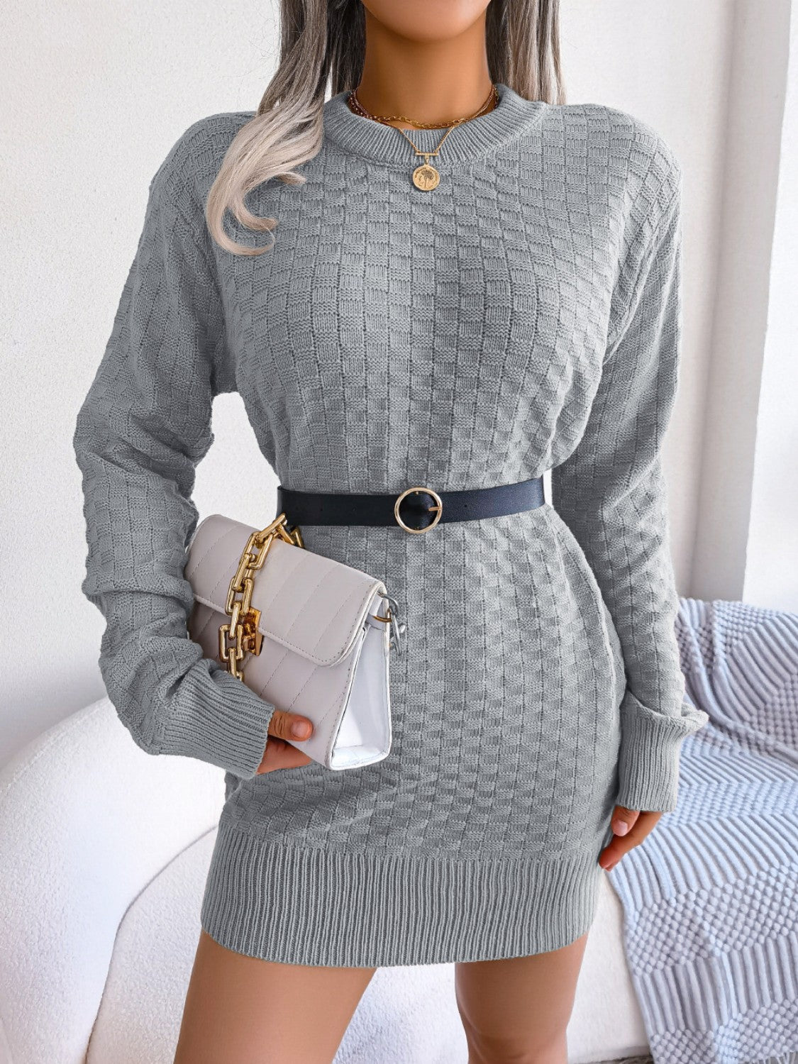 Round Neck Long Sleeve Mini Sweater Dress - felvior