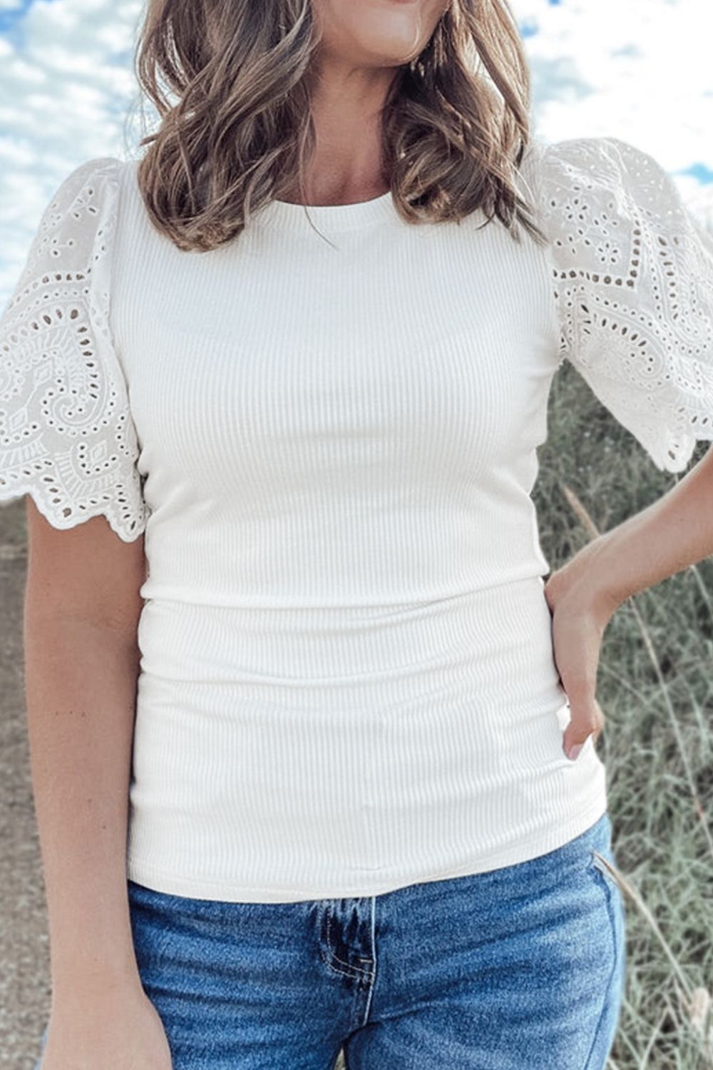 Eyelet Short Sleeve Patchwork Ribbed Top - felvior