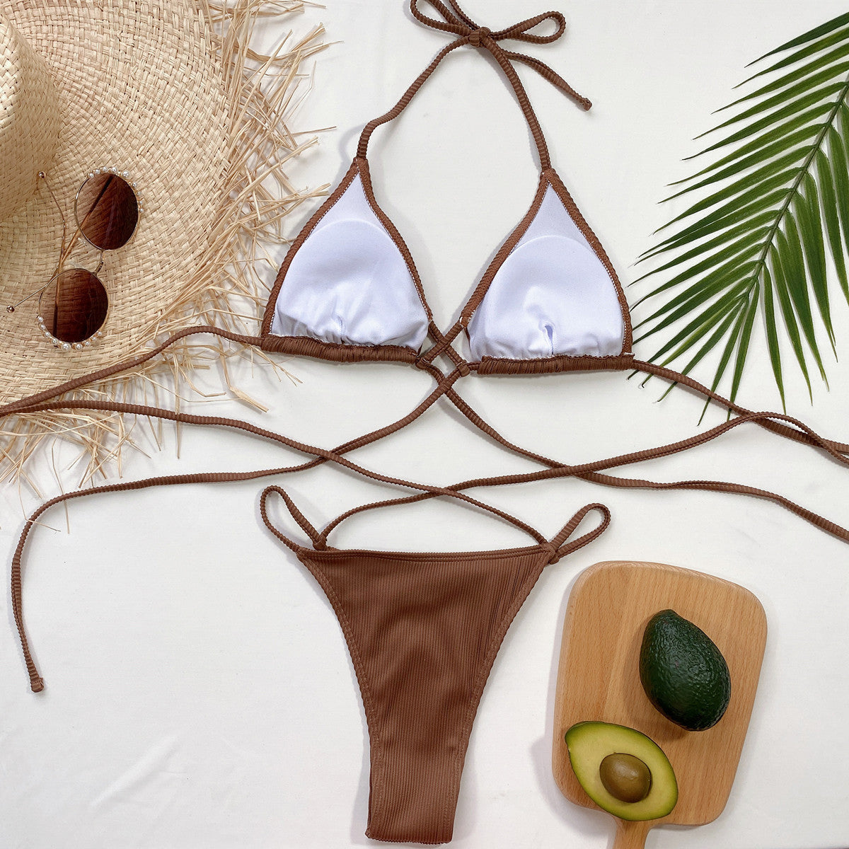 Halter Neck Crisscross Ribbed Bikini Set - felvior