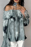 Printed Ruffled Off-Shoulder Blouse with Flower Neck Tie