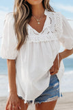 Lace Patchwork Tie Neck Short Sleeve Blouse