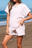 Stripe Knitted Short Sleeve Top and Drawstring Shorts Set