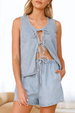 Tied Front V-Neck Vest and Shorts Denim Set