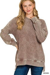 Zenana Full Size Acid Washed Double Ribbed Hi-low Sweatshirt Plus Size