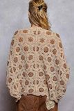 POL Openwork V-Neck Chenille Cardigan with Contrast Floral