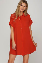 She + Sky Full Size Button Down Short Sleeve Woven Shirt Dress Plus Size