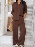 Devine Collared Neck Long Sleeve Top and Pants Set